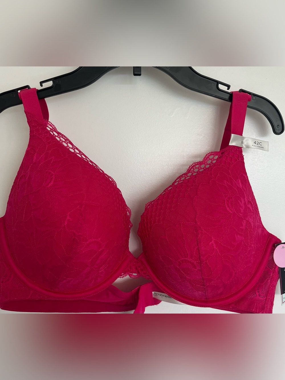 Ambrielle Hot Pink Lace Underwire Plunge  Full Figure Bra Size 42C